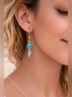 Petite Aqua blue Floral Drop Earrings | Boho Beachy Handmade | Lightweight